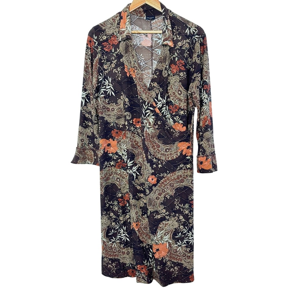 VINTAGE 90S TALENT  Brown Paisley Floral Print‎ Long Sleeve Wrap Midi Dress L
